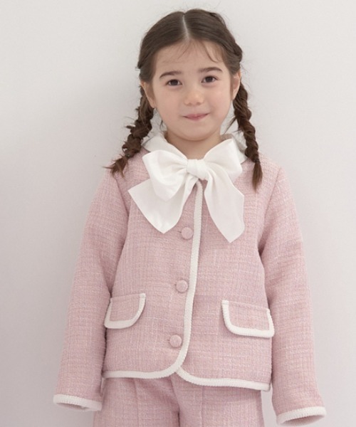 MINE ピンク ツイード セール ノーカラー ジャケット ピンクツイード