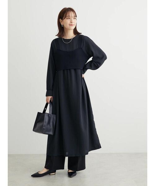 Green　Parks（グリーンパークス）の「B.SET2点ニットジレ+ワンピース（ワンピース・レディース・オフホワイト/ブラック・FREE）」の4枚目の写真