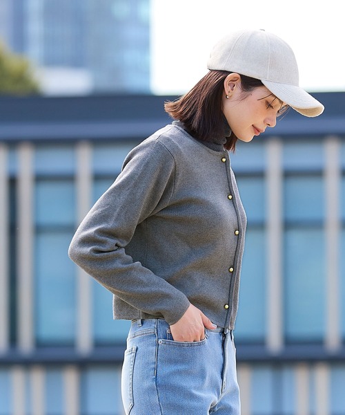 【希少】45R 45rpm インディゴスエット生地コンチョボタン カーディガン natural couture カーディガン 「WEB限定」ぷっくり金ボタンミドル