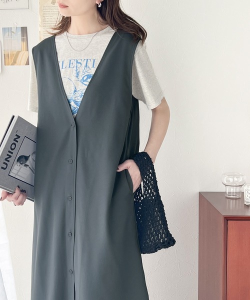 classicalelf（クラシカルエルフ）の「前後2way+ジレにも！何通りもの着こなしを楽しめる♪ リボンVネックジャンパースカート（ロング）（ジャンパースカート・レディース・チャコールグレー/ブラック/ベージュ・X-LARGE/LARGE/MEDIUM/SMALL）」の10枚目の写真