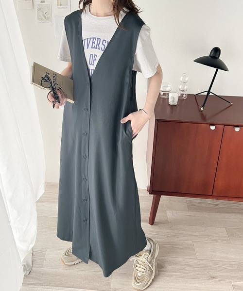 classicalelf（クラシカルエルフ）の「前後2way+ジレにも！何通りもの着こなしを楽しめる♪ リボンVネックジャンパースカート（ロング）（ジャンパースカート・レディース・チャコールグレー/ブラック/ベージュ・X-LARGE/LARGE/MEDIUM/SMALL）」の15枚目の写真