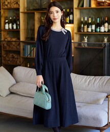 【洗える】リボン衿配色ニットワンピース