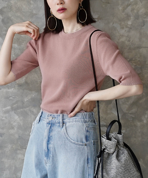 zootie(ズーティー)の「レーヨン ハーフスリーブ ニット(Tシャツ/カットソー・レディース・ホワイト/ライトグレー/スモークピンク/ブラック/カーキ/ラベンダー/ブラウン・M)」の7枚目の写真