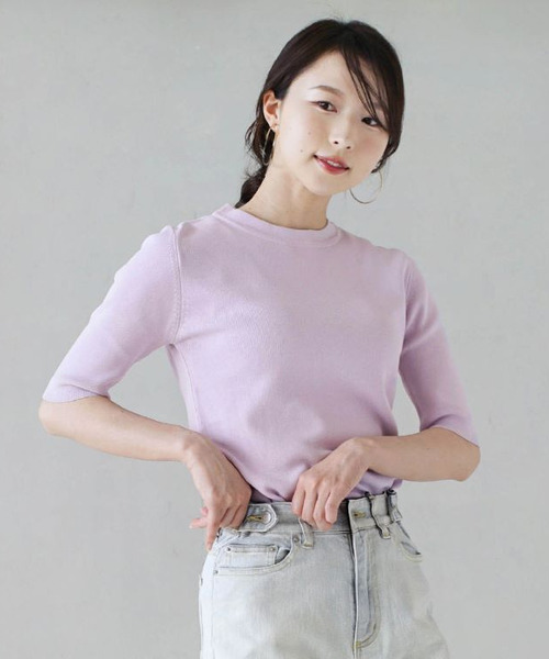 zootie(ズーティー)の「レーヨン ハーフスリーブ ニット(Tシャツ/カットソー・レディース・ホワイト/ライトグレー/スモークピンク/ブラック/カーキ/ラベンダー/ブラウン・M)」の22枚目の写真
