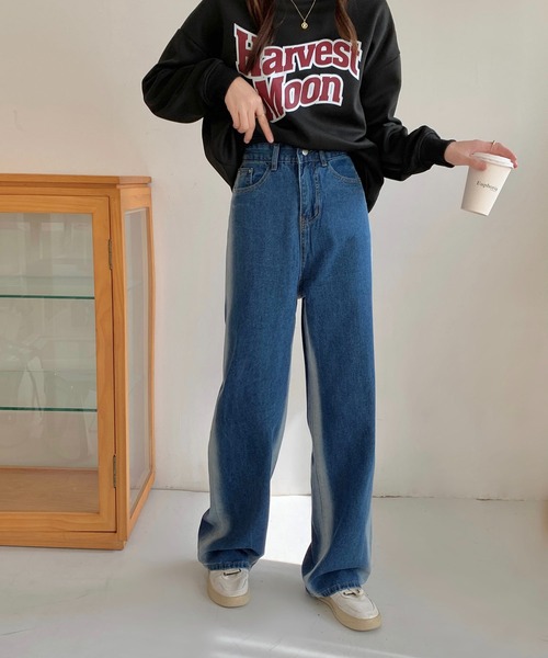 SHEPP(シープ)の「サイドウォッシュライン ワイドデニム(デニムパンツ・レディース・ブルー・L/XL/M/S)」の2枚目の写真