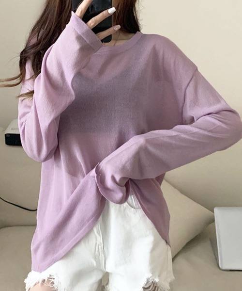 kirakiraShop（キラキラショップ）の「シアー ルーズ サマー ニット（ニット/セーター・レディース・イエロー/ミント/ライトパープル/ブラック/スカイブルー/オフホワイト・FREE）」の5枚目の写真