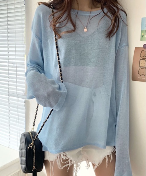 kirakiraShop（キラキラショップ）の「シアー ルーズ サマー ニット（ニット/セーター・レディース・イエロー/ミント/ライトパープル/ブラック/スカイブルー/オフホワイト・FREE）」の4枚目の写真
