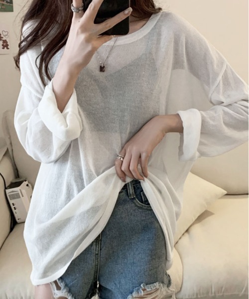 kirakiraShop（キラキラショップ）の「シアー ルーズ サマー ニット（ニット/セーター・レディース・イエロー/ミント/ライトパープル/ブラック/スカイブルー/オフホワイト・FREE）」の8枚目の写真