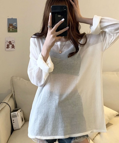 kirakiraShop（キラキラショップ）の「シアー ルーズ サマー ニット（ニット/セーター・レディース・イエロー/ミント/ライトパープル/ブラック/スカイブルー/オフホワイト・FREE）」の7枚目の写真