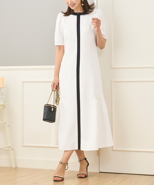 Prima Scherrer(プリマシェレル)の「配色リボン リラックス ストレッチ ワンピース 半袖 Prima Scherrer(ワンピース・レディース・ホワイト/ピンク/ブラック・S/M)」の2枚目の写真