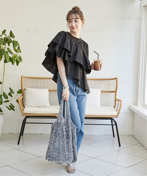 アシンメトリー Tシャツ フリル 半袖 フリル アシンメトリー カットソー Tシャツ レディース 半袖