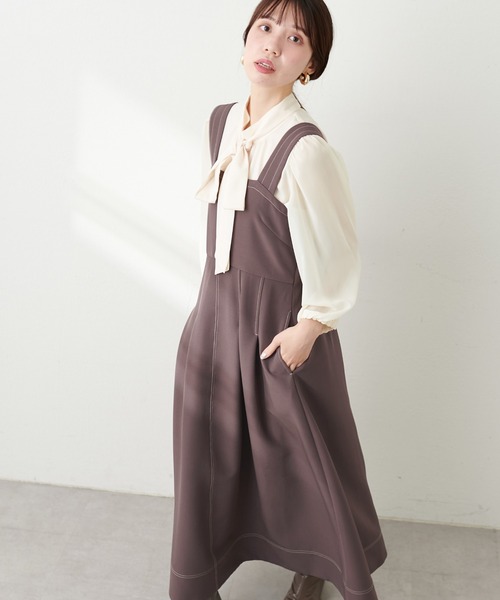 natural couture(ナチュラルクチュール)の「【WEB限定】キーネックタックプリーツジャンスカ(ワンピース・レディース・その他1/モカ/ブラック/ブルー・FREE)」の2枚目の写真