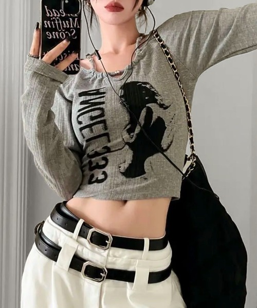 sevens(セブンズ)の「【sevens】Y2Kネックデザインちびロンティ(Tシャツ/カットソー・レディース・ブラック/グレー・FREE)」の4枚目の写真