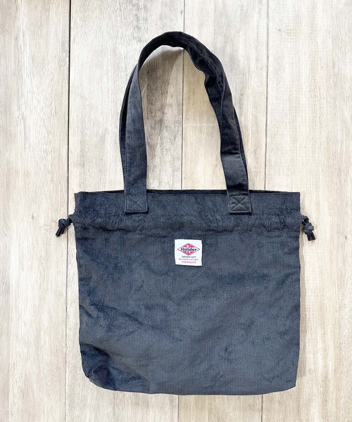 巾着トートバッグミニ ベアチェック柄 コーデュロイ ネイビー