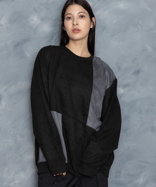 Starting Over(スターティングオーバー)の「faux suede switching design cutsew/スウェードタッチ 切り替えデザイン カットソー(スウェット・メンズ・チャコールグレー/オフホワイト/ブラック/グレイッシュベージュ/サックスブルー・M/L/XL)」の3枚目の写真