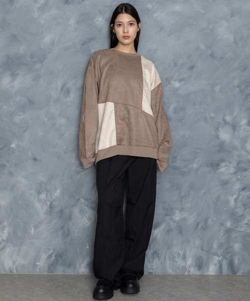 Starting Over(スターティングオーバー)の「faux suede switching design cutsew/スウェードタッチ 切り替えデザイン カットソー(スウェット・メンズ・チャコールグレー/オフホワイト/ブラック/グレイッシュベージュ/サックスブルー・M/L/XL)」の16枚目の写真