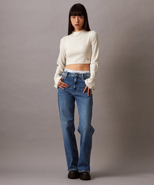Calvin Klein（カルバン・クライン）の「エンブロイドリブハイネックロングスリーブTシャツ（ニット/セーター・レディース・アイボリー/ブラック・L/M/XS/S）」の8枚目の写真