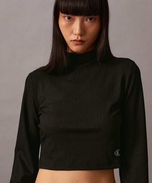 Calvin Klein（カルバン・クライン）の「エンブロイドリブハイネックロングスリーブTシャツ（ニット/セーター・レディース・アイボリー/ブラック・L/M/XS/S）」の18枚目の写真