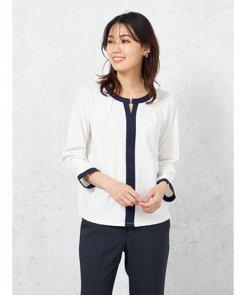 HARUYAMA（ハルヤマ）の「【レーヨン混】長袖 ドレープポンチ 前ホック配色カットソー ストレッチ 無地 SOFFICE（シャツ/ブラウス・レディース・ピンク/オフホワイト・M/L）」の2枚目の写真