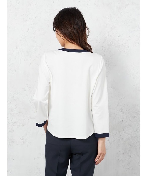 HARUYAMA（ハルヤマ）の「【レーヨン混】長袖 ドレープポンチ 前ホック配色カットソー ストレッチ 無地 SOFFICE（シャツ/ブラウス・レディース・ピンク/オフホワイト・M/L）」の4枚目の写真