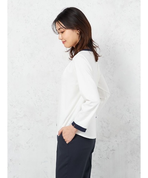 HARUYAMA（ハルヤマ）の「【レーヨン混】長袖 ドレープポンチ 前ホック配色カットソー ストレッチ 無地 SOFFICE（シャツ/ブラウス・レディース・ピンク/オフホワイト・M/L）」の5枚目の写真