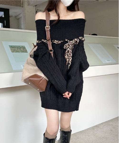 セール】Y2K レオパードスカーフオフショルケーブルロングニット 2WAY