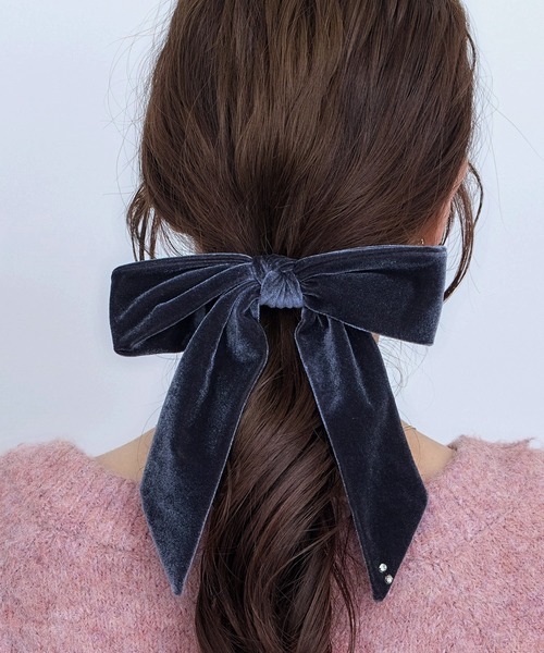 ストーン付ベロアビッグリボンフックポニー ヘアカフ（バレッタ/ヘア