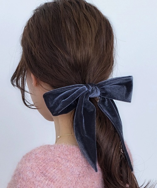 セール】ストーン付ベロアビッグリボンフックポニー ヘアカフ