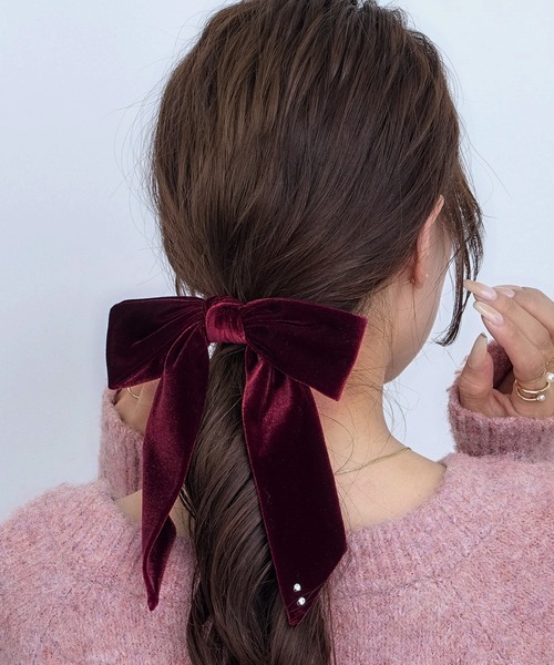 セール】ストーン付ベロアビッグリボンフックポニー ヘアカフ