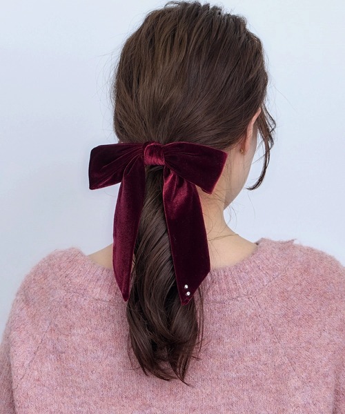ストーン付ベロアビッグリボンフックポニー ヘアカフ（バレッタ/ヘア