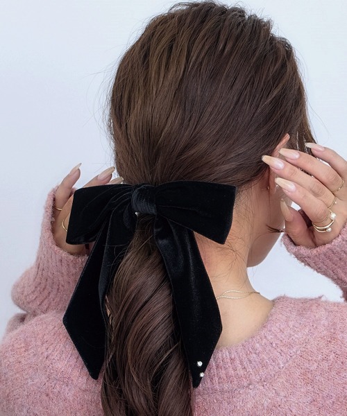 セール】ストーン付ベロアビッグリボンフックポニー ヘアカフ