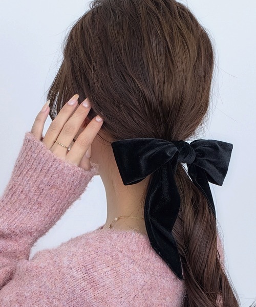 セール】ストーン付ベロアビッグリボンフックポニー ヘアカフ