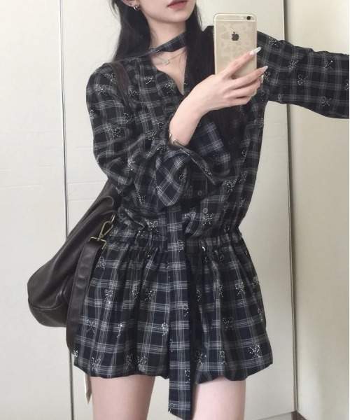 セール】ストーンリボン柄チェックシャツワンピース（シャツワンピース