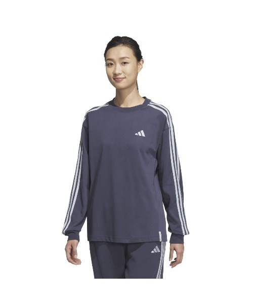 adidas(アディダス)の「アディダス adidas エッセンシャルズ プラス スリーストライプス 長袖Tシャツ(Tシャツ/カットソー・レディース・ライトベージュ/ネイビー・S/M/L/XL)」の8枚目の写真