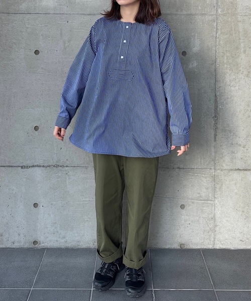 ユニセックス】サイドスリットスリーピングシャツ/無地/ストライプ