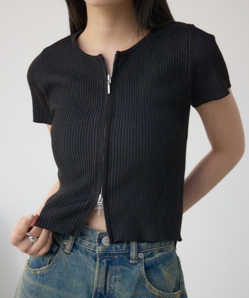 AZUL by moussy（アズールバイマウジー）の「Wジップショートスリーブ配色リブプルオーバー（カーディガン/ボレロ・レディース・ピンク/アイボリー/ブラック/ブルー/杢グレー・FREE）」の3枚目の写真
