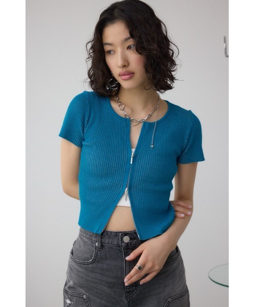 AZUL by moussy（アズールバイマウジー）の「Wジップショートスリーブ配色リブプルオーバー（カーディガン/ボレロ・レディース・ピンク/アイボリー/ブラック/ブルー/杢グレー・FREE）」の17枚目の写真