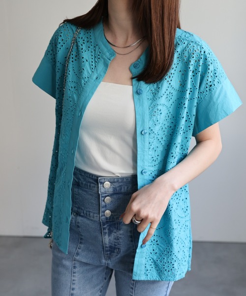 sakishimatokyo(サキシマトーキョー)の「<sakishimatokyo premium>カットワークレースフレンチスリーブブラウス/インド綿/インドコットン(シャツ/ブラウス・レディース・オフホワイト/エメラルド/ブラック・M/L)」の10枚目の写真