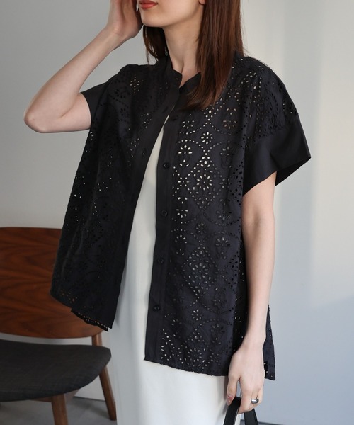 美品⁑メフウ　芽風　コットン フレンチスリーブブラウス　ブラックチェック　40 セール】＜sakishimatokyo premium＞カットワークレースフレンチ