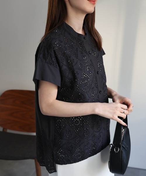 sakishimatokyo(サキシマトーキョー)の「<sakishimatokyo premium>カットワークレースフレンチスリーブブラウス/インド綿/インドコットン(シャツ/ブラウス・レディース・オフホワイト/エメラルド/ブラック・M/L)」の4枚目の写真