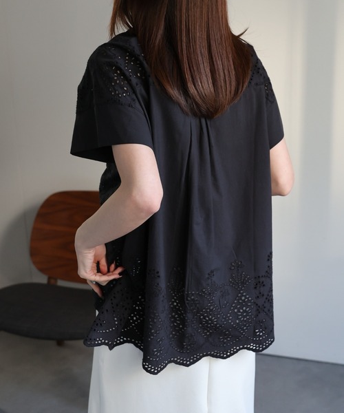 sakishimatokyo(サキシマトーキョー)の「<sakishimatokyo premium>カットワークレースフレンチスリーブブラウス/インド綿/インドコットン(シャツ/ブラウス・レディース・オフホワイト/エメラルド/ブラック・M/L)」の5枚目の写真