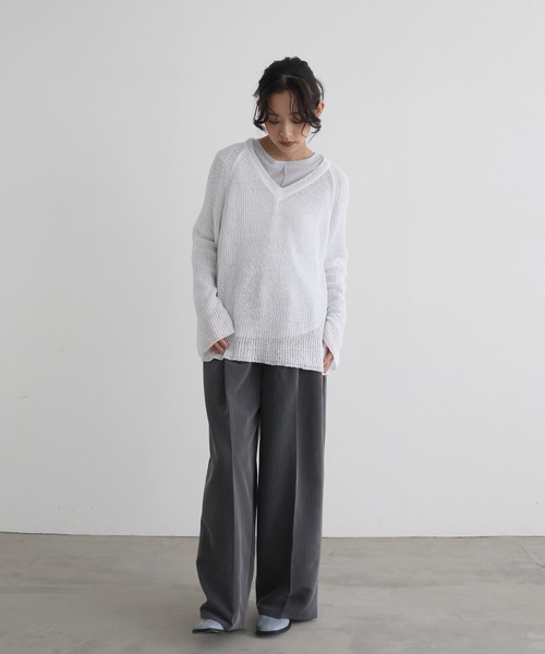  hellam（へラム）の「Vネック透かし編みルーズニット（ニット/セーター・レディース・オフホワイト/ブラック/ベージュ/グリーン/ピンク・FREE）」の9枚目の写真