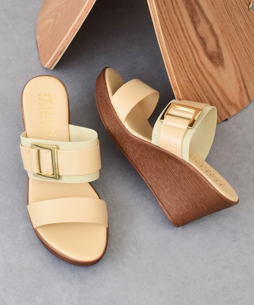 ITALIAN SHOEMAKERS】スクエアメタルウェッジヒールミュール