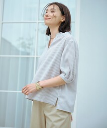 【洗える・接触冷感】ドビー強撚ストライプ スキッパー ブラウス