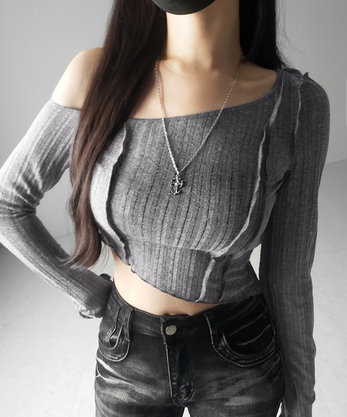 me+em select(ミームセレクト)の「※※【 3color 】アウトステッチワンショルシアーリブカットソートップス / outstitch one shoulder sheer rib cutsew tops(Tシャツ/カットソー・レディース・ホワイト/ブラック/グレー・FREE)」の3枚目の写真
