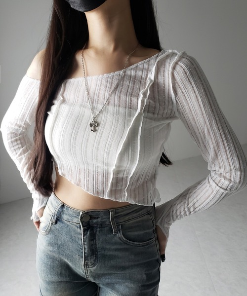 me+em select(ミームセレクト)の「※※【 3color 】アウトステッチワンショルシアーリブカットソートップス / outstitch one shoulder sheer rib cutsew tops(Tシャツ/カットソー・レディース・ホワイト/ブラック/グレー・FREE)」の2枚目の写真
