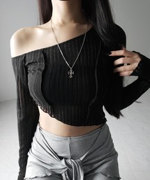 ※※【 3color 】アウトステッチワンショルシアーリブカットソートップス / outstitch one shoulder sheer rib cutsew tops