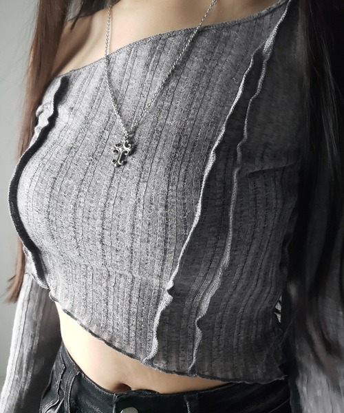 me+em select(ミームセレクト)の「※※【 3color 】アウトステッチワンショルシアーリブカットソートップス / outstitch one shoulder sheer rib cutsew tops(Tシャツ/カットソー・レディース・ホワイト/ブラック/グレー・FREE)」の4枚目の写真