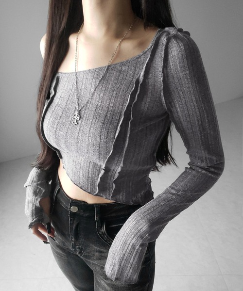 me+em select(ミームセレクト)の「※※【 3color 】アウトステッチワンショルシアーリブカットソートップス / outstitch one shoulder sheer rib cutsew tops(Tシャツ/カットソー・レディース・ホワイト/ブラック/グレー・FREE)」の9枚目の写真
