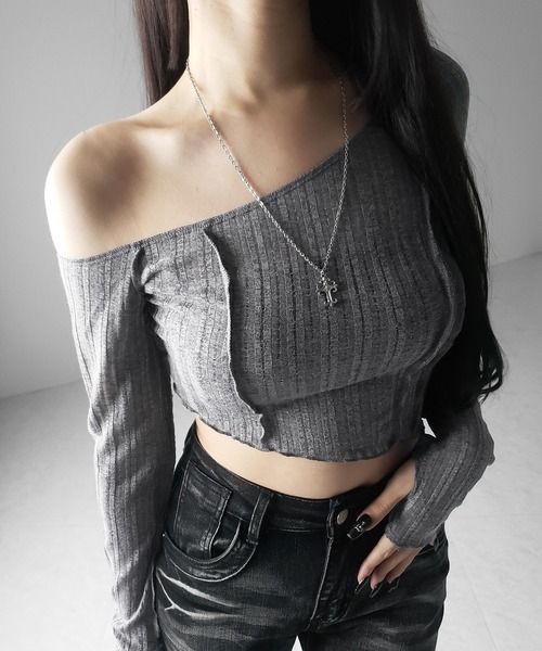 me+em select(ミームセレクト)の「※※【 3color 】アウトステッチワンショルシアーリブカットソートップス / outstitch one shoulder sheer rib cutsew tops(Tシャツ/カットソー・レディース・ホワイト/ブラック/グレー・FREE)」の8枚目の写真